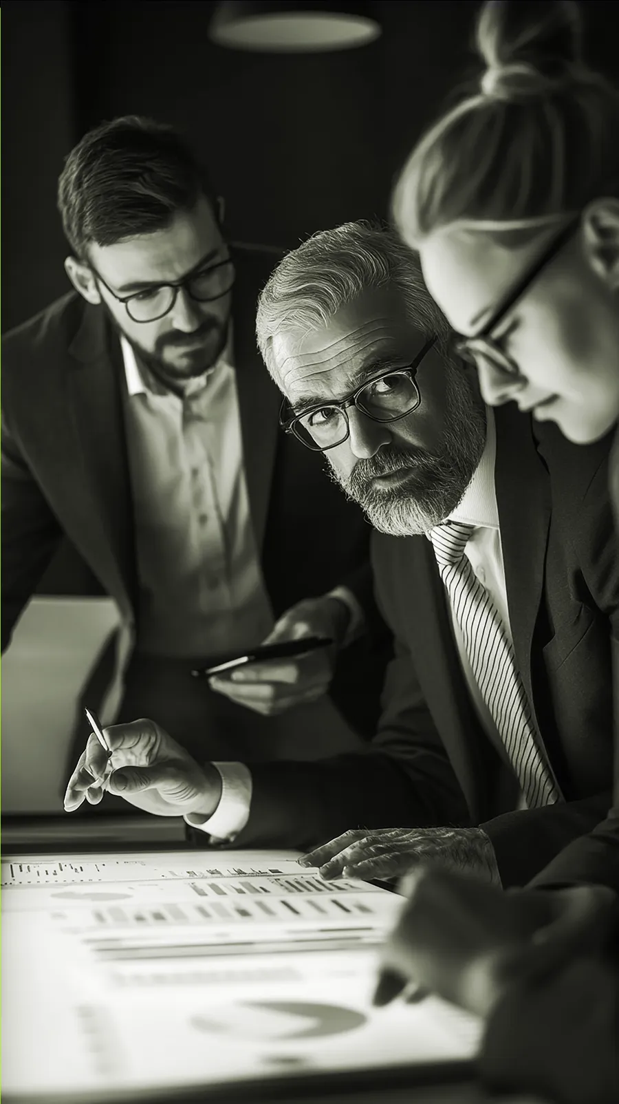 Equipe analisando indicadores em uma mesa com relatórios