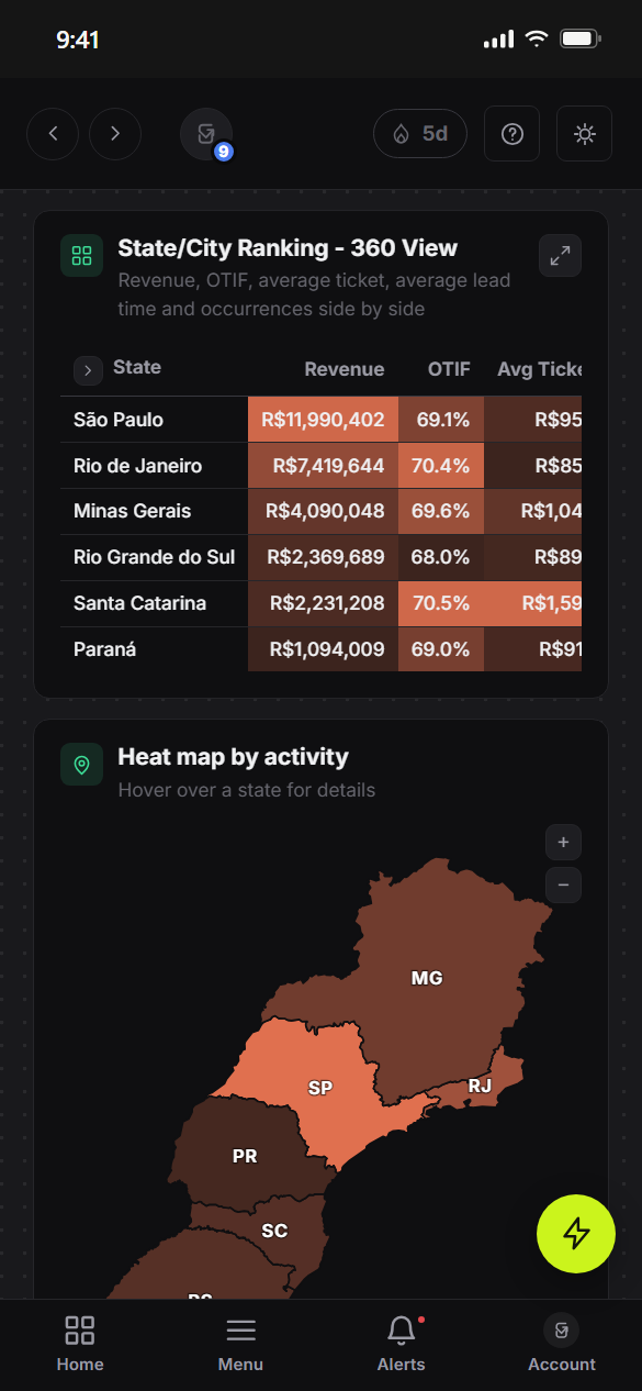Logistics geography screen on a phone: ranking of states and a heat map of activity.
